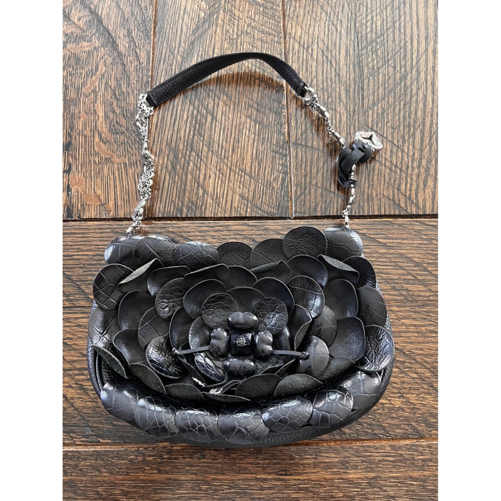 Brighton Rosalie Flower Petal Black Leather Shoulder Purse 3D Flower Petal Bag